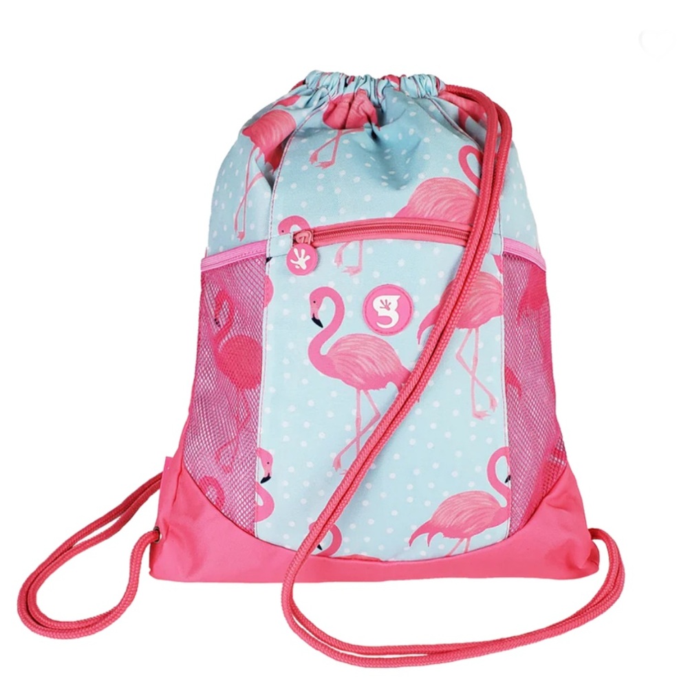Flamingo Print Drawstring Backpack in Light Blue & Pink